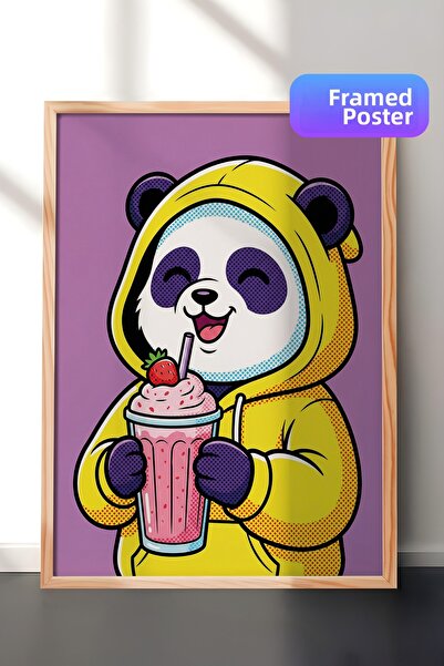 Zestia Tablou de perete cu ramă din lemn Panda galben cu glugă Milkshake cu c...