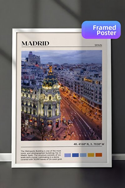 Zestia Ζωγραφική τοίχου με λευκό πλαίσιο Μαδρίτη Νυχτερινό Αστικό Τοπίο Διακό...