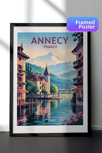 Zestia Pictură murală înrămată în negru Annecy, Franța, peisaj cu lac și munt...