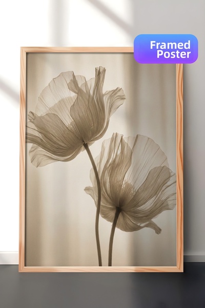 Zestia Tablou de perete cu ramă din lemn, floare de mac transparentă, ton neu...