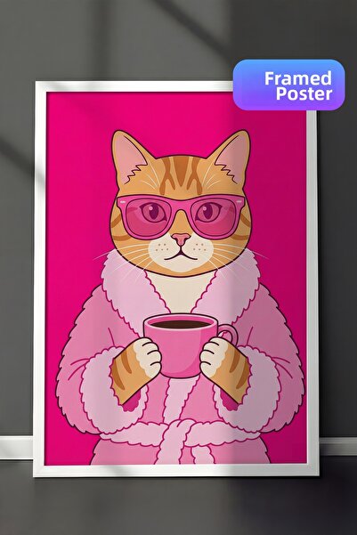 Zestia Ζωγραφική τοίχου με λευκό πλαίσιο Pink Glam Cat Coffee Ritual Διακόσμη...