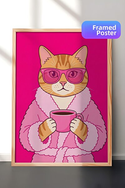 Zestia Ζωγραφική τοίχου με ξύλινο πλαίσιο Pink Glam Cat Coffee Ritual Διακόσμ...