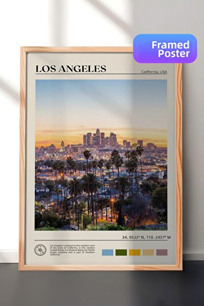 Zestia Tablou de perete cu ramă din lemn, peisaj urban Los Angeles Skyline, d...