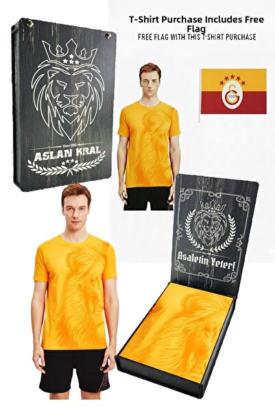 Galatasaray Original Licensed Aslan Printed Yellow T-Shirt with Flag and Lase...