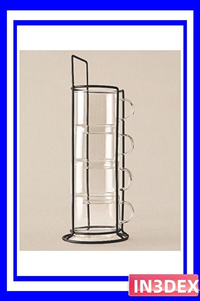 İN3DEX Heat Resistant 4-Piece Glass Cup Set with Metal Stand