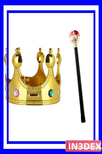İN3DEX طقم تاج ملكي ذهبي اللون للأطفال وعصا بقبضة حمراء