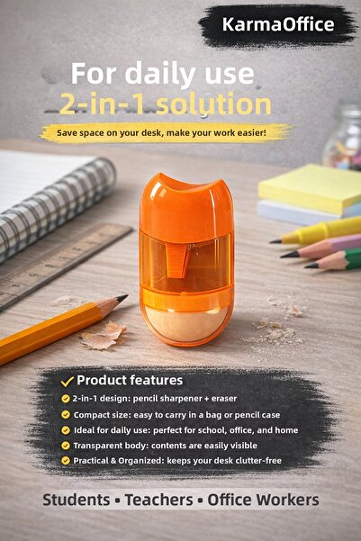 KarmaOfis Orange 2-in-1 Pencil Sharpener and Eraser |   Compact Pencil Sharpe...
