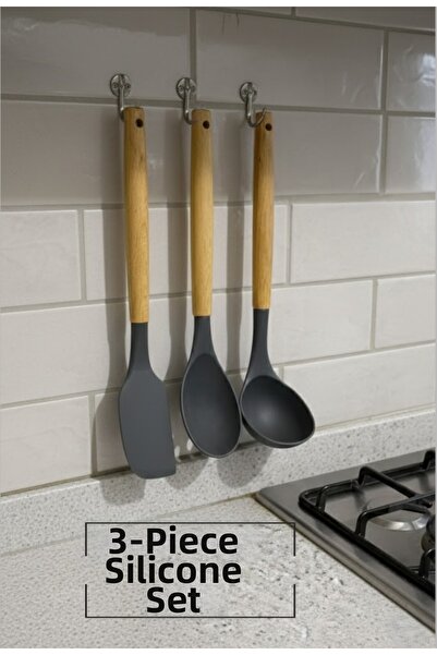 EVİMDM 3-Piece Wooden Handle Silicone Kitchen Serving Set – Heat Resistant