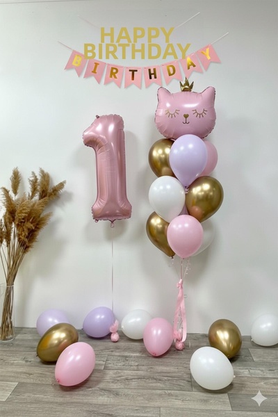 Patladı Gitti 1 Year Old Cat Themed Birthday Balloon Set – Pink Gold Concept