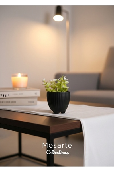 Mosarte Striped Design Round Mini Plaster Vase / Decorative Object - Black Color