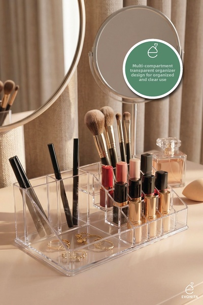 EVONİTA منظم مكياج شفاف متعدد الأقسام، منظم أحمر الشفاه والمجوهرات، حامل سطح ...