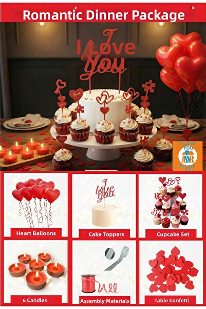 Atölye Doruk Valentine's Day Romantic Dinner Set Heart Balloon Candle Birthda...