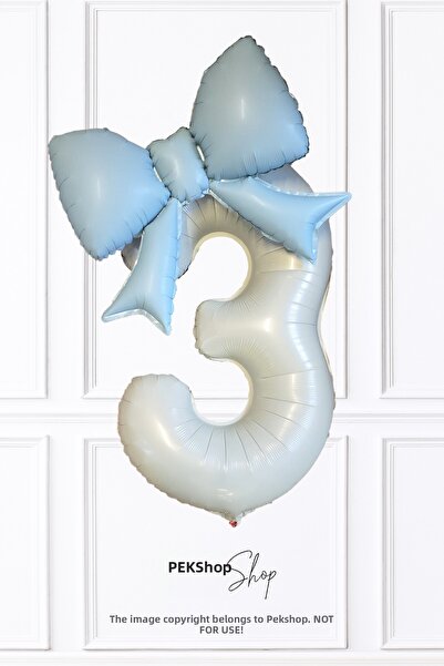 PEKSHOP Blue Bow Balloon Cream 3 Year Old Birthday Balloon Set