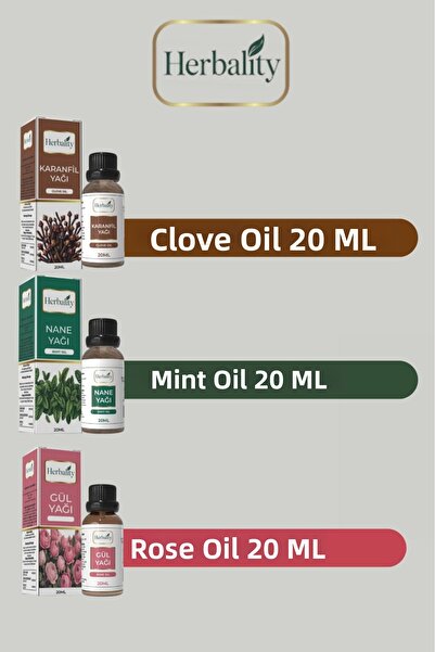 herbalıty مجموعة زيت القرنفل والنعناع والورد 20 مل
