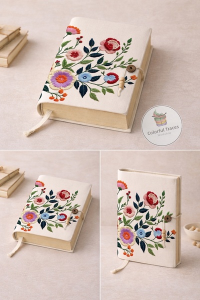 renkli izler atölyesi Floral Book Sleeve, Embroidered Look Cover, Cottagecore...