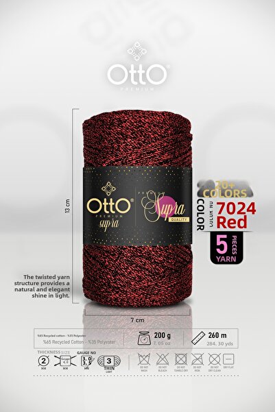 Otto خيط مكرامية فاخر - أحمر - عبوة من 5 قطع - 3 مم/200 جرام/260 متر - إكسسوا...