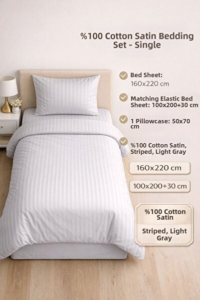 SHAL HOME Ελαστικό Σατέν Ριγέ Σετ Μονό Παπλωματοθήκη