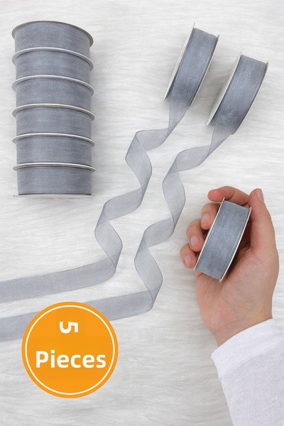 ZEYMERADE 5 قطع من شريط الأورجانزا باللون الرمادي 2 سم 22 متر، للحزم، الخطوبة...