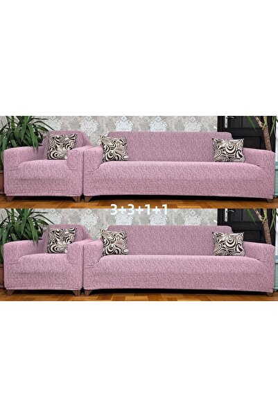 Hazineci Bey طقم غطاء أريكة جاكار وردي فاتح - 3+3+1+1 غطاء أريكة وأريكة سرير،...