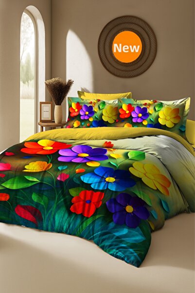 MonoHome Комплект спално бельо от памучен сатен с цветен флорален мотив – двойно