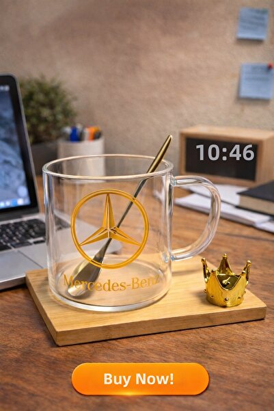 Two Two Glass Mug with Wooden Base and Spoon with Car Logo |   Stylish Design...