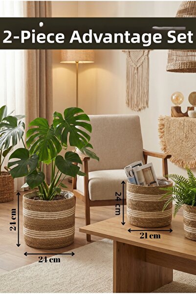 sever ithalat طقم من سلتين منظمتين للزهور مصنوعتين من الخوص مع زخارف مخططة با...