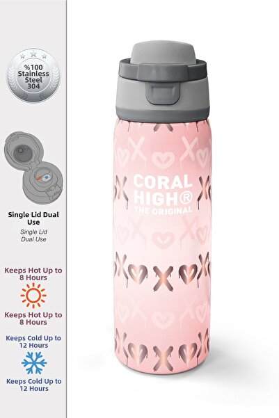 Coral High Powder Patterned Steel Thermos with Straw and Direct Drinking Feat...