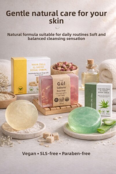 Elif Mira مجموعة من 3 صابونات طبيعية: خلاصة المايا، خلاصة الصبار، خلاصة الورد...