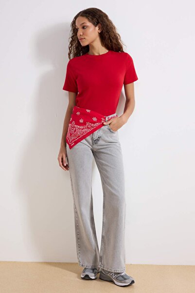 Trendyol Collection Graue High-Waist-Jeans mit weitem Bein und weitem Bein au...