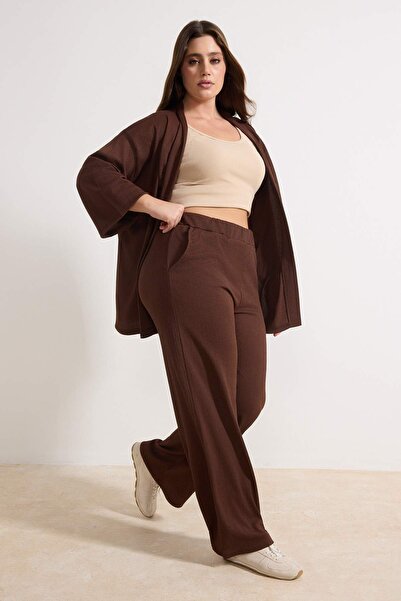 Trendyol Curve Dark Brown Straight Relaxed Fit Stretchy Kimono Knitted Plus S...