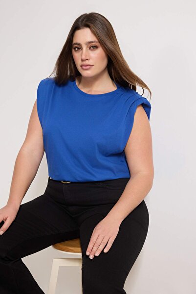 Trendyol Curve Cobalt Crew Neck Basic 100% Cotton Knitted Plus Size Blouse Tb...