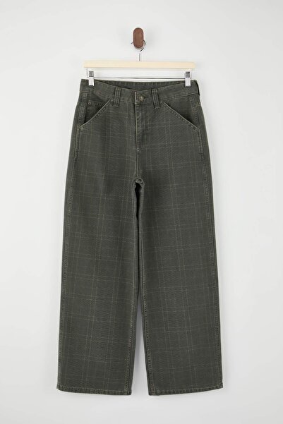 Trendyol Collection Blugi largi, multicolori, cu model în carouri, cu talie î...