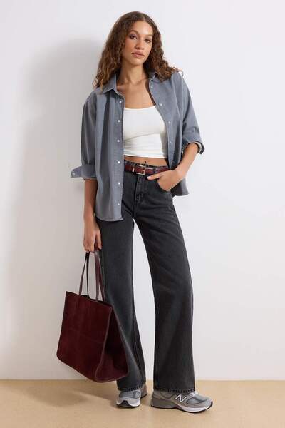 Trendyol Collection Ανθρακί ψηλόμεσο φαρδύ μπατζάκι φαρδύ πόδι 100% βαμβακερό...