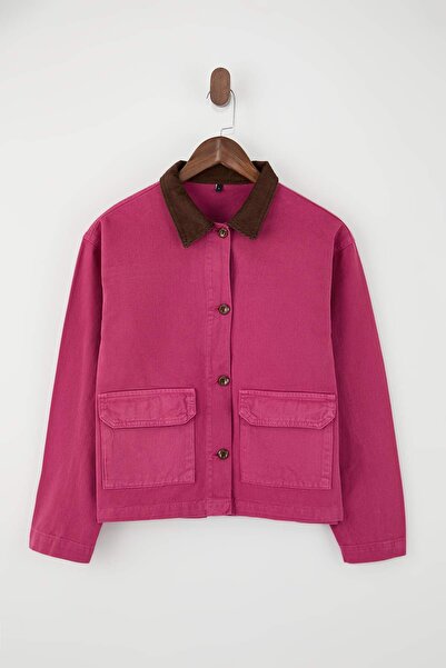 Trendyol Collection Pink Corded Fabric Denim Shirt Jacket with Velvet Collar ...