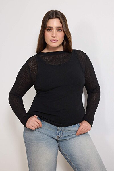 Trendyol Curve Black Foam Double Layer Knitted Plus Size Blouse Tbbss26Af00026