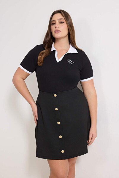 Trendyol Curve Black Polo Neck Contrast Color Detailed Embroidered Corded Fab...