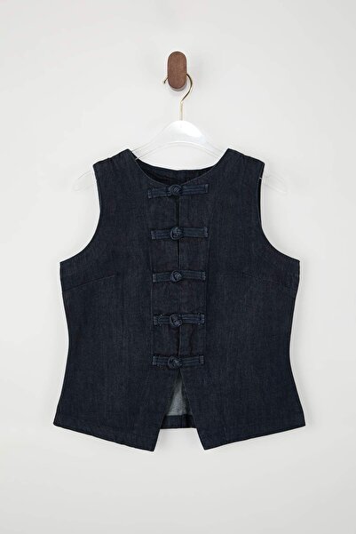 Trendyol Collection Dark Blue Button Detailed Fitted 100% Cotton Denim Vest T...