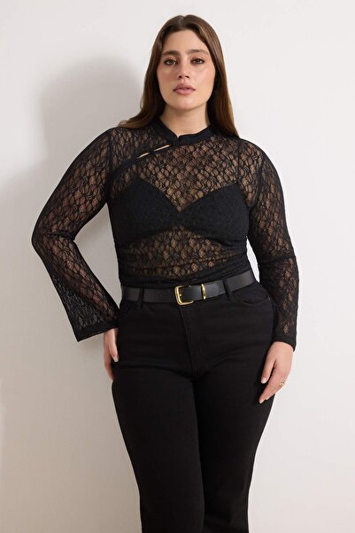 Trendyol Curve Black Button Detailed Crop Knitted Plus Size Blouse Tbbss26Af0...