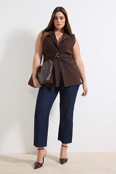 Trendyol Curve Brown Regular Belted Lined Plus Size Woven Vest Tbbss25Bh00001