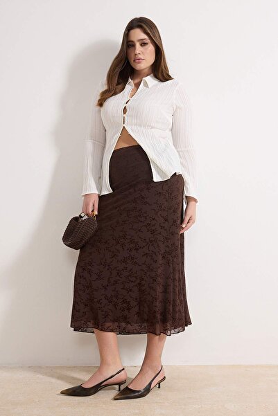 Trendyol Curve Fusta maro cu model flocat din material subțire mărime mare TB...