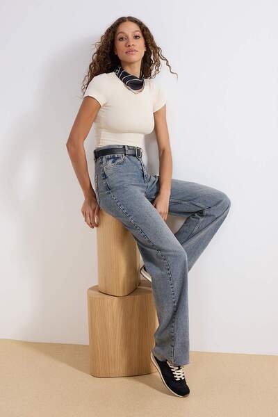 Trendyol Collection Blugi albastru talie înaltă croi larg pe picior Wide Leg ...