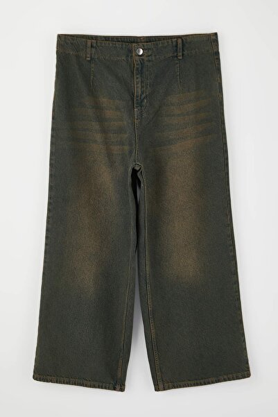 Trendyol Curve بنطلون جينز كبير الحجم بتفاصيل مطاطية عالية الخصر باللون الأخض...