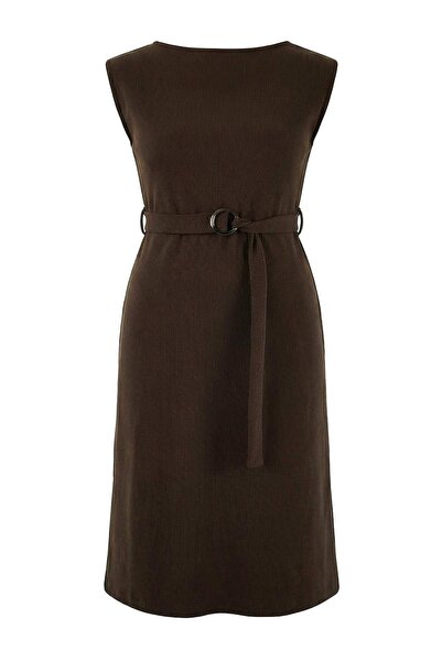 Trendyol Curve Brown Modal Soft Button Draped Knitted Plus Size Dress Tbbss26...