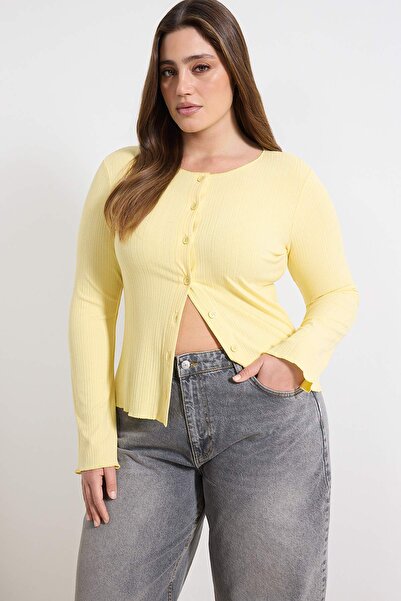 Trendyol Curve Light Yellow Ribbed Knit Knitted Plus Size Blouse Tbbaw26Af00087
