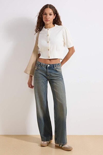 Trendyol Collection Dunkelblaue Premium-Vintage-Wascheffekt-Jeans mit niedrig...