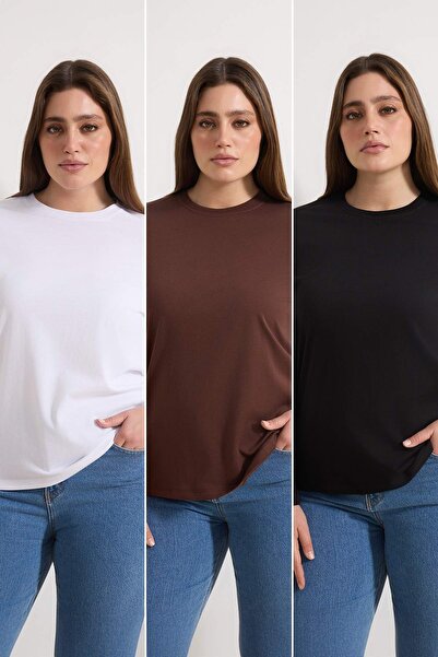 Trendyol Curve Černo-bílo-hnědé 3-balení Regular Fit Basic pletené tričko s v...