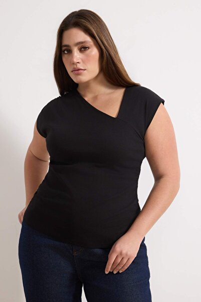 Trendyol Curve Black Soft Fabric Asymmetric Collar 100% Cotton Knitted Plus S...