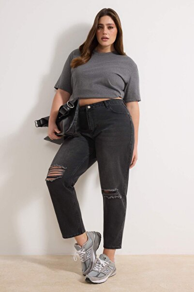 Trendyol Curve Antracit Destroy Detaylı Mom Fit Denim Velikost Plus Jeans TBB...
