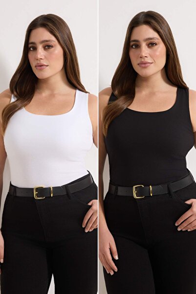 Trendyol Curve Black-White 2-Pack Square Neck Knitted Plus Size Undershirt Tb...
