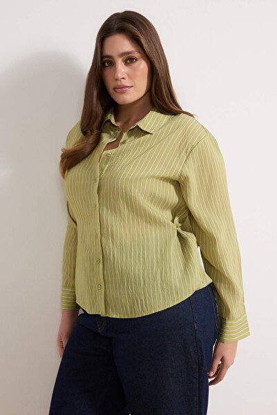 Trendyol Curve Green Striped Long Sleeve Plus Size Shirt Tbbss26Ax00008